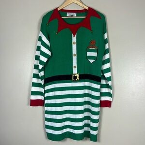 Tiara International Green Striped Elf Christmas Sweater Dress